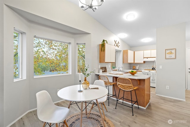 kitchen featuring white stove, a wealth of natural light, and kitchen peninsula