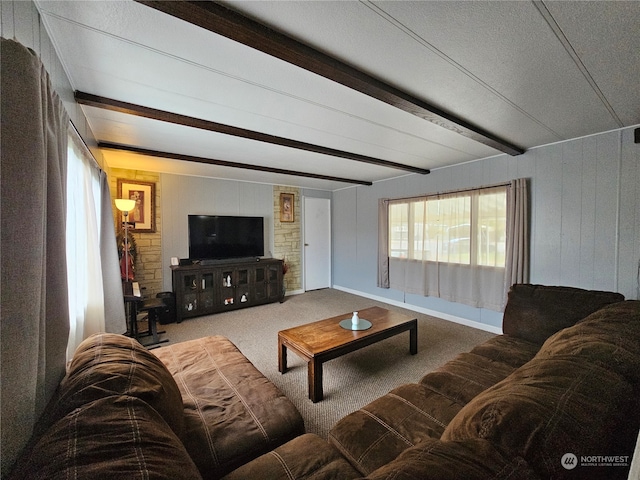 living room featuring carpet, beam ceiling, and a textured ceiling