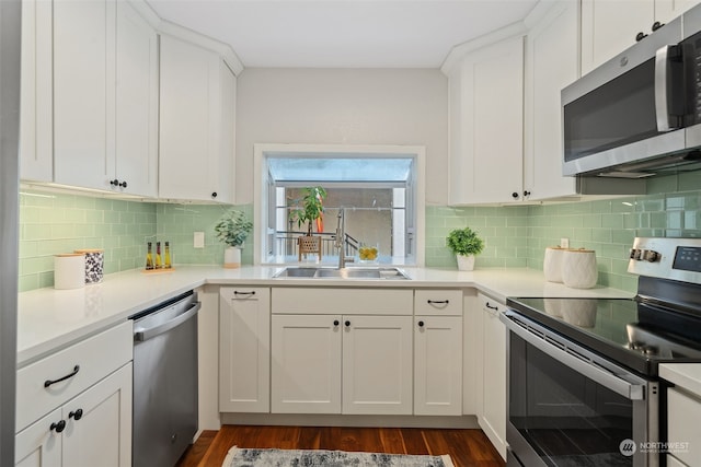 kitchen featuring white cabinetry, stainless steel appliances, dark wood-type flooring, and sink