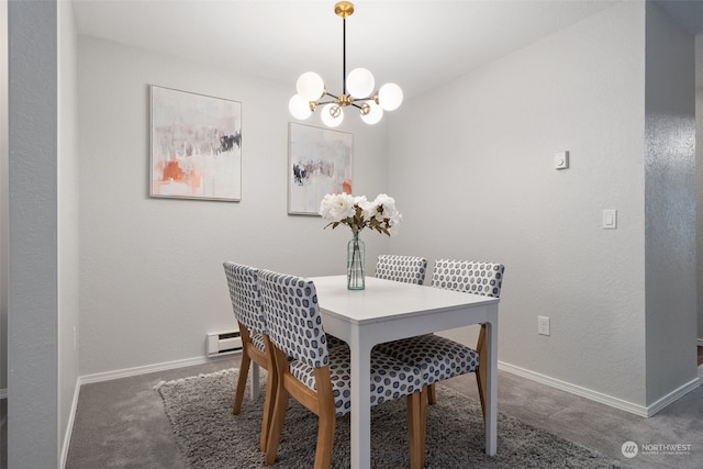 carpeted dining space featuring a chandelier and a baseboard heating unit