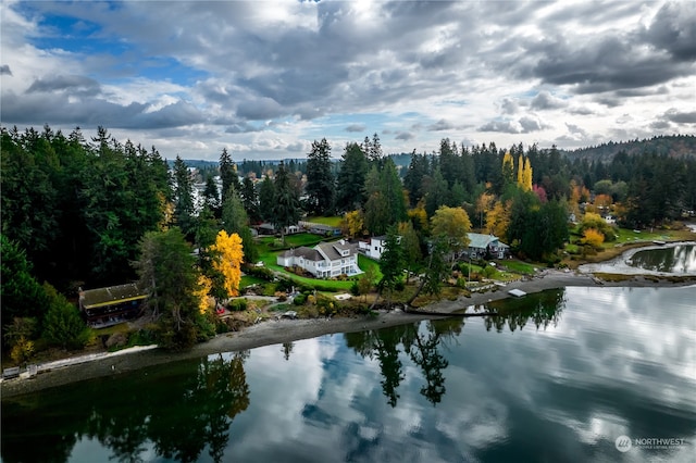 bird's eye view with a water view