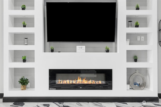 205 Clayton Pl, Mattawa, WA 99349 - detailed view of built in shelves and a warm lit fireplace