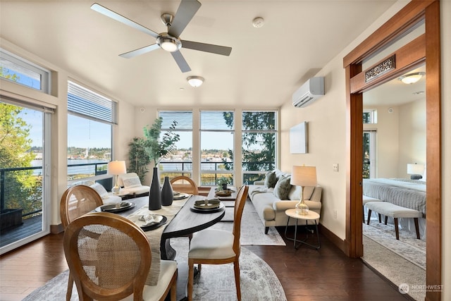 sunroom / solarium with a wealth of natural light, an AC wall unit, and ceiling fan