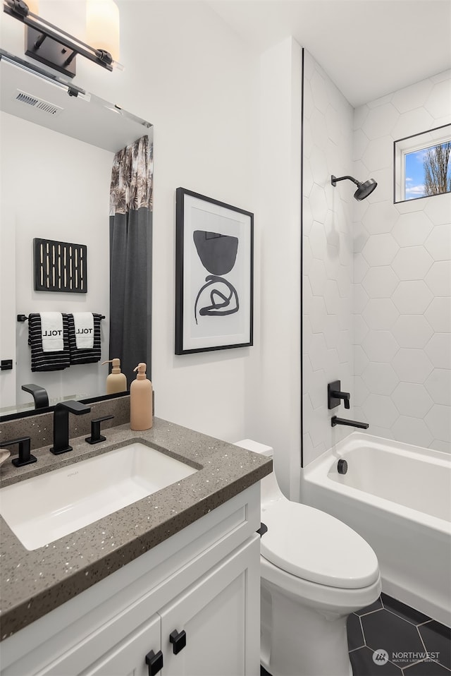 full bathroom with tile patterned flooring, vanity, toilet, and shower / tub combo with curtain