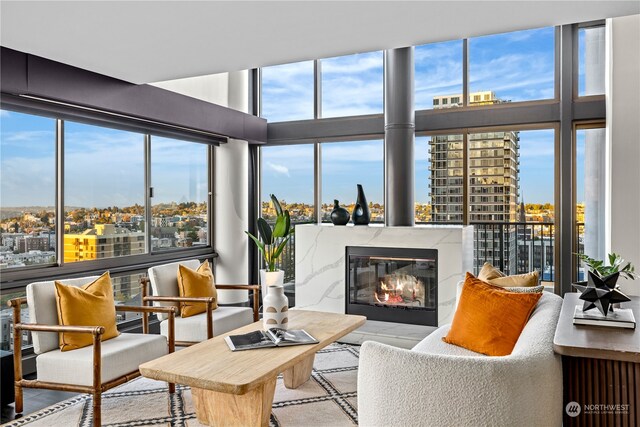 sunroom / solarium featuring a premium fireplace and a healthy amount of sunlight