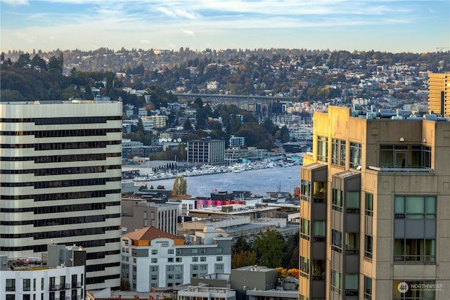 property's view of city featuring a water view