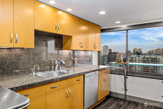 kitchen with dishwasher, tasteful backsplash, dark wood-type flooring, and sink