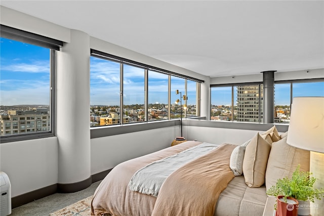 bedroom with light colored carpet