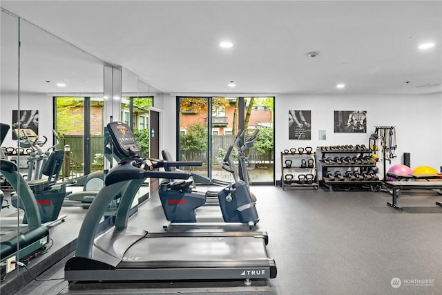 exercise room featuring floor to ceiling windows