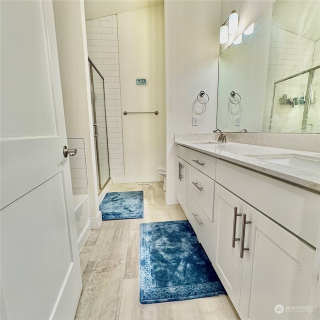 bathroom with vanity, toilet, wood-type flooring, and a shower with shower door