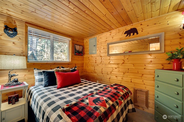 bedroom featuring wood walls, electric panel, and wooden ceiling