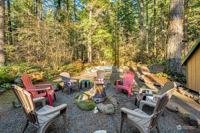 view of patio / terrace featuring an outdoor fire pit