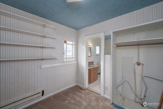 laundry room featuring a baseboard radiator and carpet floors