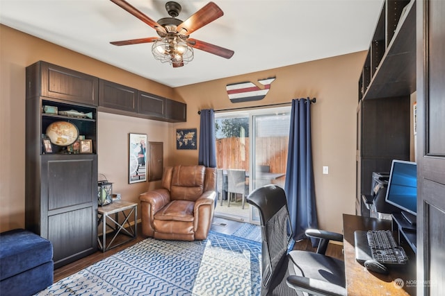 home office featuring ceiling fan and dark hardwood / wood-style floors