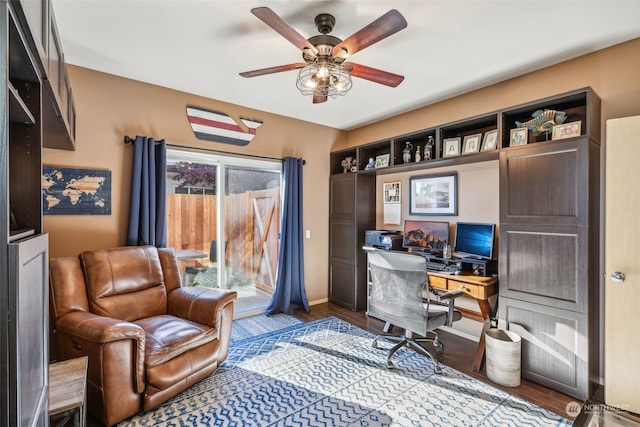 office featuring hardwood / wood-style floors, plenty of natural light, and ceiling fan