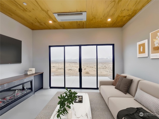 living room with a mountain view and wooden ceiling