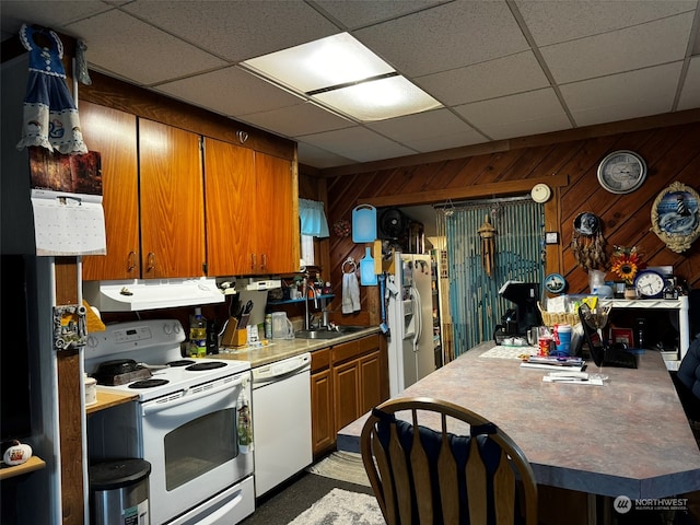 kitchen with wood walls, a paneled ceiling, sink, white appliances, and light colored carpet