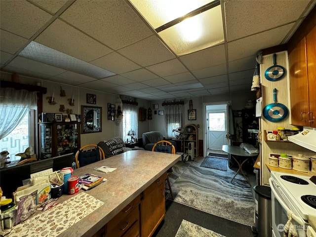 kitchen featuring white electric range, plenty of natural light, and a drop ceiling