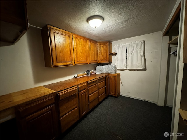 kitchen with dark colored carpet and a textured ceiling