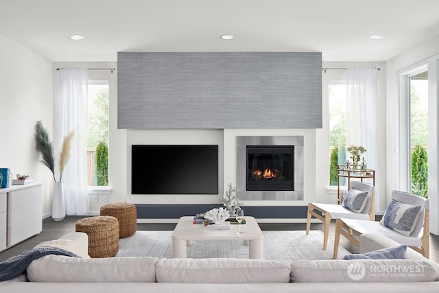 living room with a large fireplace