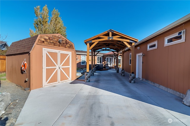 exterior space featuring a shed