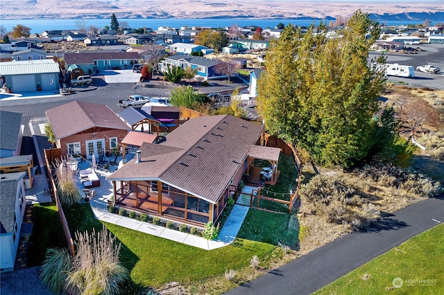 drone / aerial view featuring a mountain view