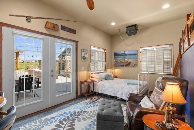 205 Fairway Pl SW, Mattawa, WA 99349 - bedroom featuring access to outside, wood finished floors, recessed lighting, french doors, and vaulted ceiling