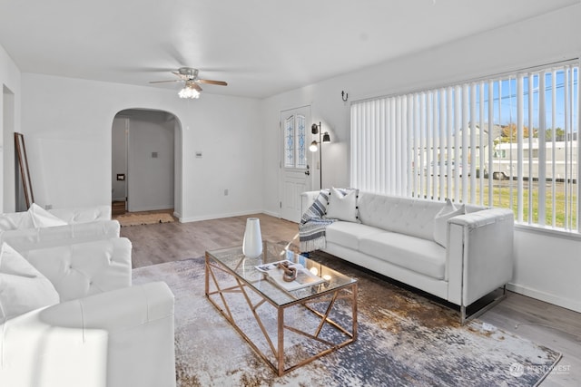 living room with hardwood / wood-style flooring and ceiling fan