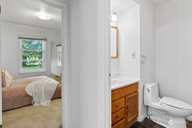 bathroom with toilet, vanity, and a textured ceiling