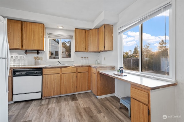 kitchen with white dishwasher, light hardwood / wood-style floors, and sink