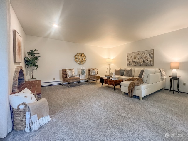 carpeted living room with a fireplace