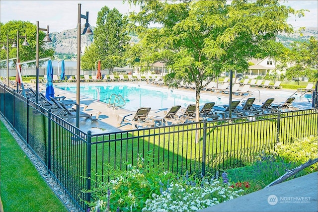 view of swimming pool with a yard and a patio area