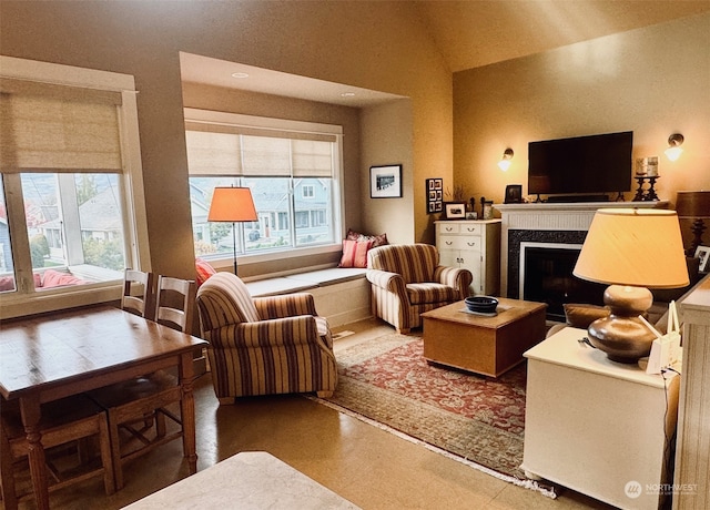 living room with lofted ceiling