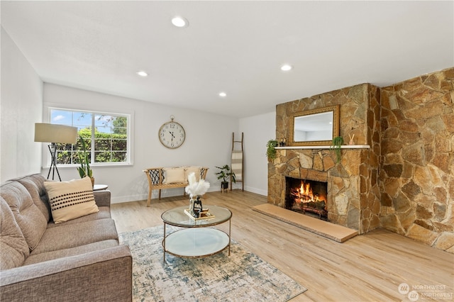 living room with a fireplace and wood-type flooring