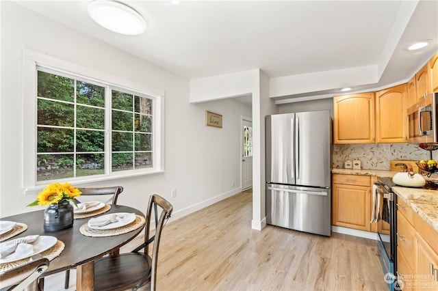 kitchen with tasteful backsplash, light stone countertops, appliances with stainless steel finishes, and light hardwood / wood-style floors