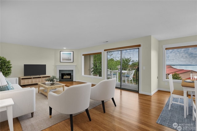 living room with a tile fireplace and light hardwood / wood-style floors