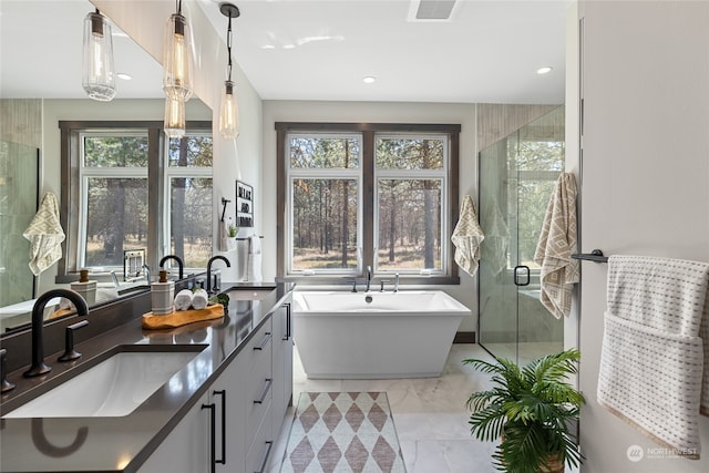 bathroom featuring vanity and plus walk in shower