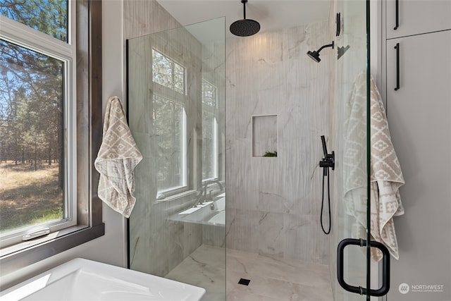 bathroom with a shower with shower door