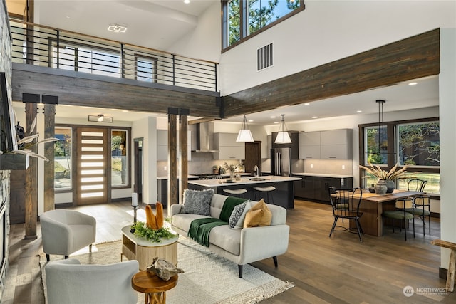 living room featuring hardwood / wood-style flooring, a healthy amount of sunlight, and sink