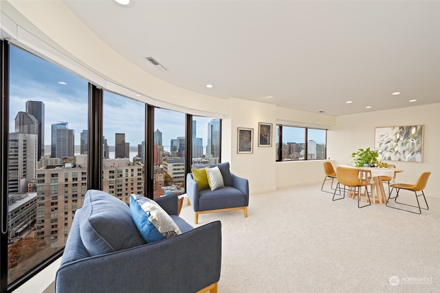 living room with a wealth of natural light and carpet