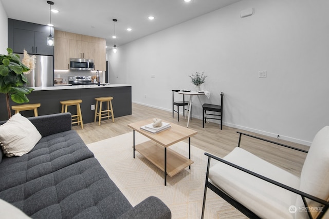 living room featuring sink and light hardwood / wood-style floors