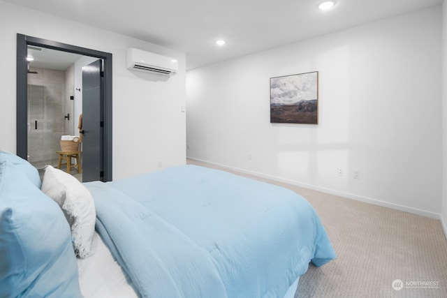 bedroom featuring a wall unit AC and carpet flooring