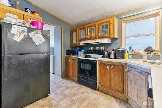 kitchen featuring black appliances, sink, vaulted ceiling, and a textured ceiling