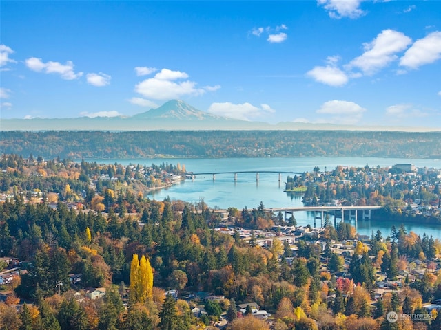 birds eye view of property with a water and mountain view