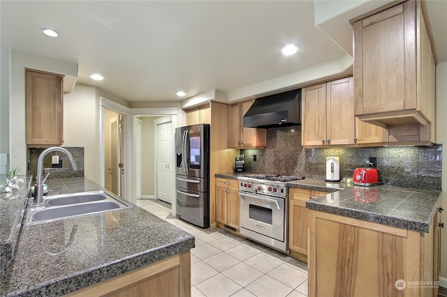 kitchen featuring premium range hood, sink, light tile patterned floors, appliances with stainless steel finishes, and tasteful backsplash