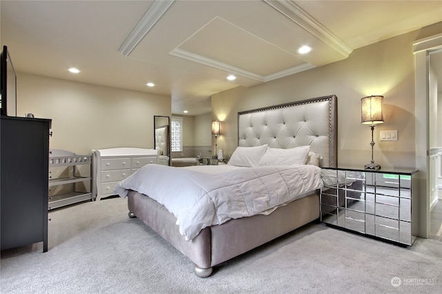 carpeted bedroom with ornamental molding