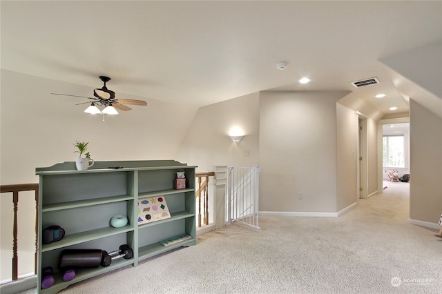 bonus room featuring carpet floors, ceiling fan, and lofted ceiling