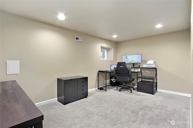 home office with light carpet