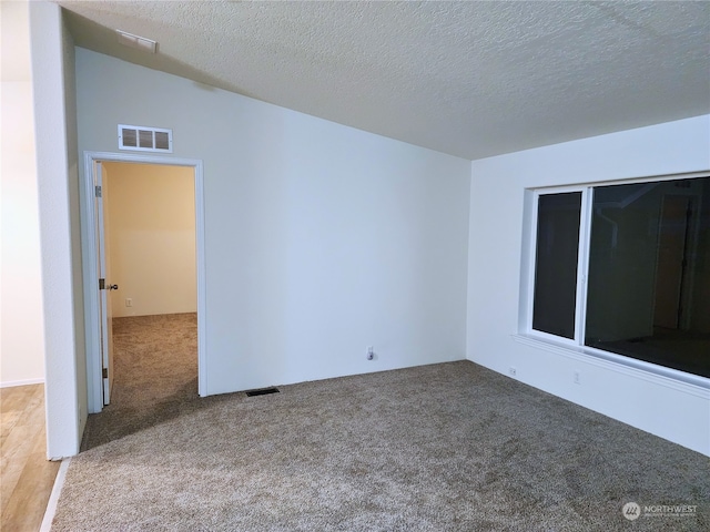 spare room featuring a textured ceiling and carpet floors