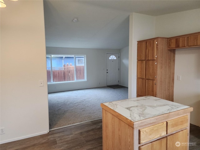 kitchen with a center island and dark carpet